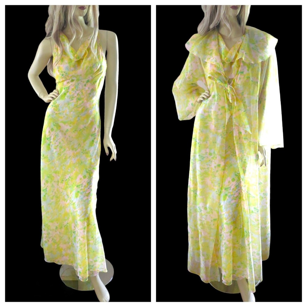 70s Floral Chiffon Gown Peignoir Set Matej Odette Barsa Luxury Gaze Noir Vintage